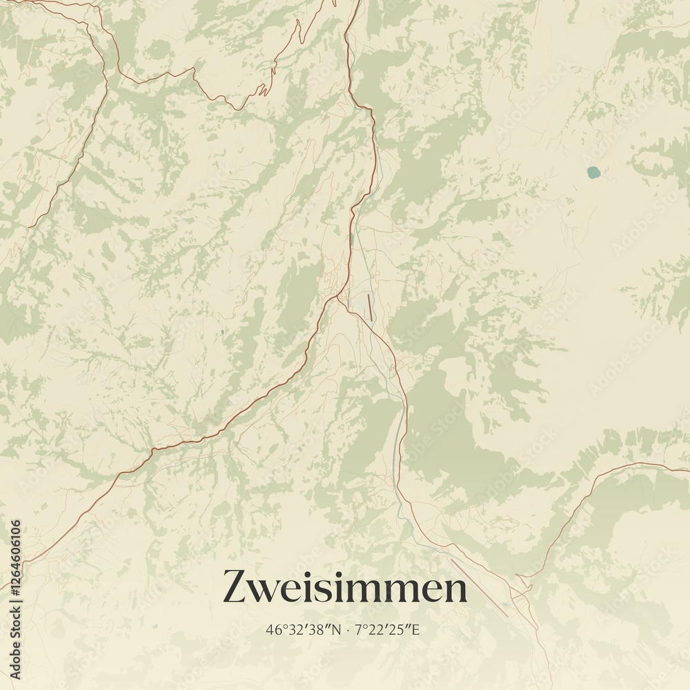 Fototapeta premium Vintage map of Zweisimmen, Switzerland.