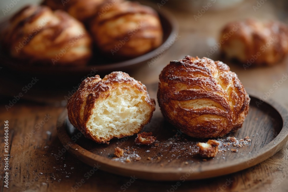 Freshly baked cinnamon rolls on a wooden plate, showcasing their flaky texture Freshly baked cinnamon rolls on a wooden plate, showcasing their flaky texture