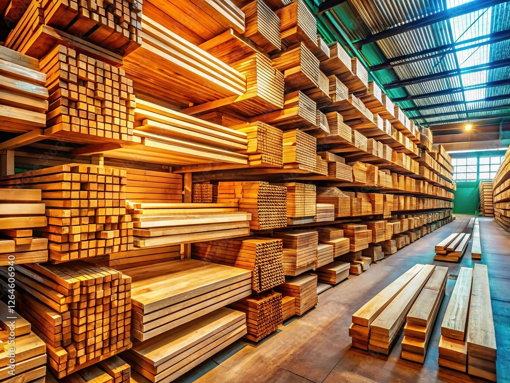 Obraz premium St. Petersburg Lumber Yard, March 2019: Neat Stacks of Wood on Shelving
