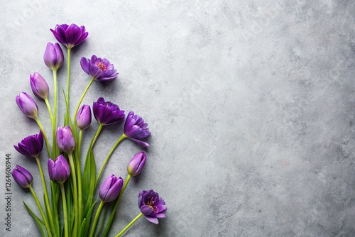 Spring Purple Flowers Flat Lay on Gray Paper - White Background