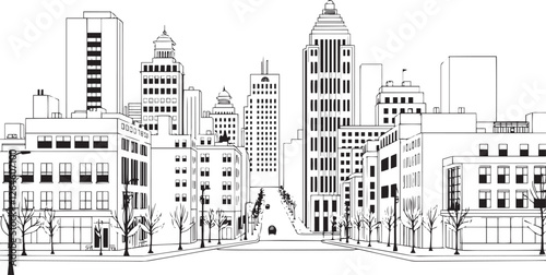 City landscape. Different buildings on street, outline cityscape hand sketch, flat houses. Hand drawn vector illustration