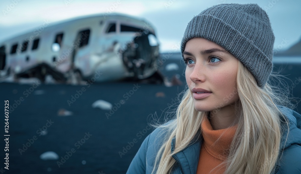 Fototapeta premium Young woman explores a plane wreck on a black sand beach