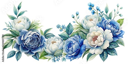 Fototapeta Naklejka Na Ścianę i Meble -  Watercolor Blue Peonies & White Roses Corner Frame - Elegant Floral Design