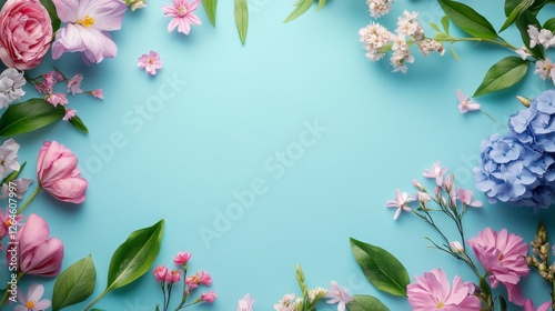 Beautiful floral frame with pink, blue and white blooming flowers on light blue pastel background, perfect for wedding invitation, greeting card design for Birthday, Women's day, Mother's day, 8 march