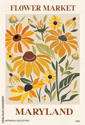 Abstract Flower Market Maryland poster. Trendy botanical wall art with Black Eyed Susan, Rudbeckia flowers. Modern naive groovy funky interior decoration, painting. Vector art illustration.