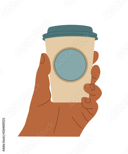 Male hand holding take away cup with coffee, cappuccino, latte side view colored outline drawing. Disposable cup of coffee to go. Vector hand drawn illustration isolated on transparent background.