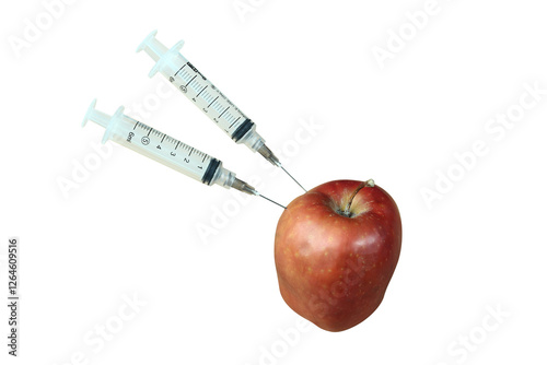 syringe fruit of red apple. healthy food containing mineral and vitamin c. On transparent background