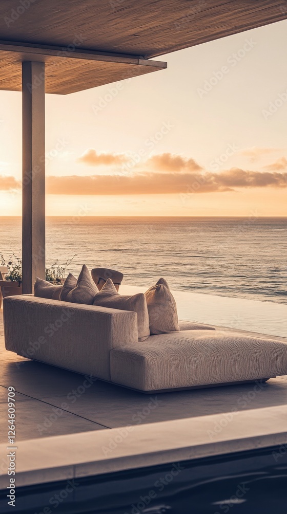 Modern Outdoor Living, Still Life of a Stylish California Lounge with Ocean Views Modern Outdoor Living, Still Life of a Stylish California Lounge with Ocean Views