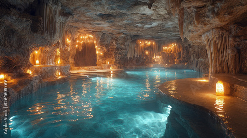 Cave with glimmering stalactites and an underground river illuminated by glowing light photo