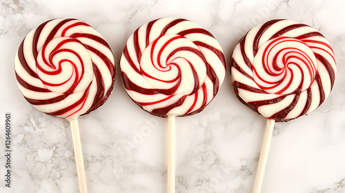 Three Red and White Swirl Lollipops on a Marble Countertop Ready for a Delicious Treat photo