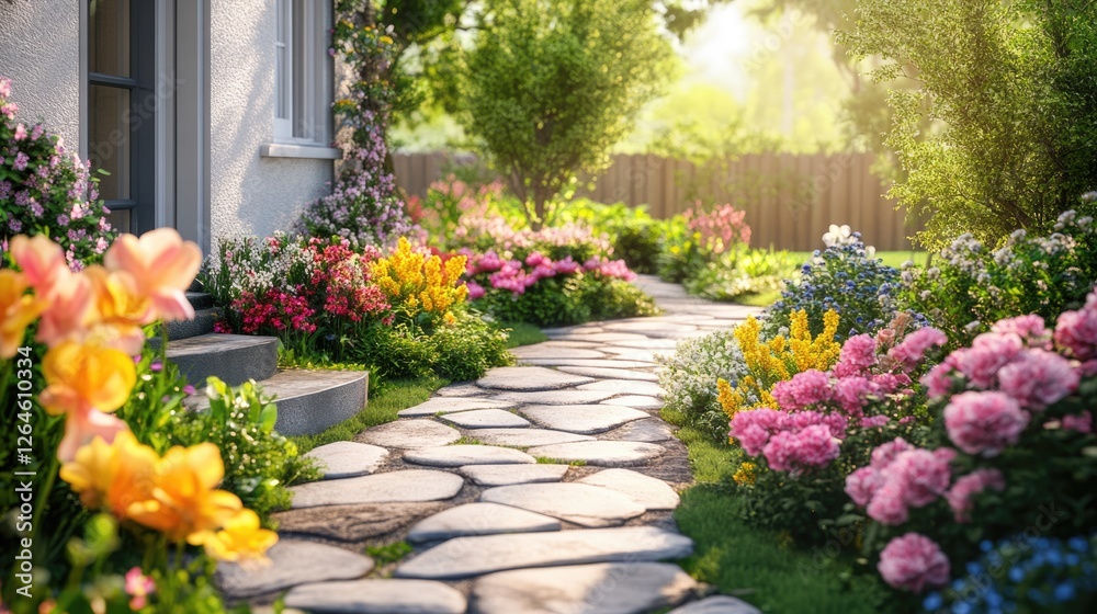 Fototapeta premium Sunlit Garden Path: A Meandering Walk Through Vibrant Blooms