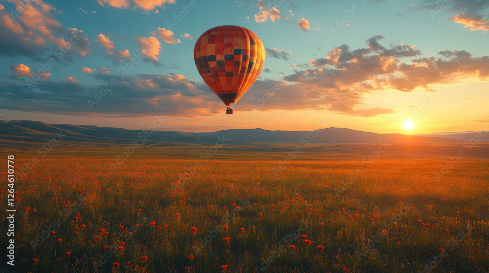 Obraz premium Expansive fields with a hot air balloon floating above in a serene sky