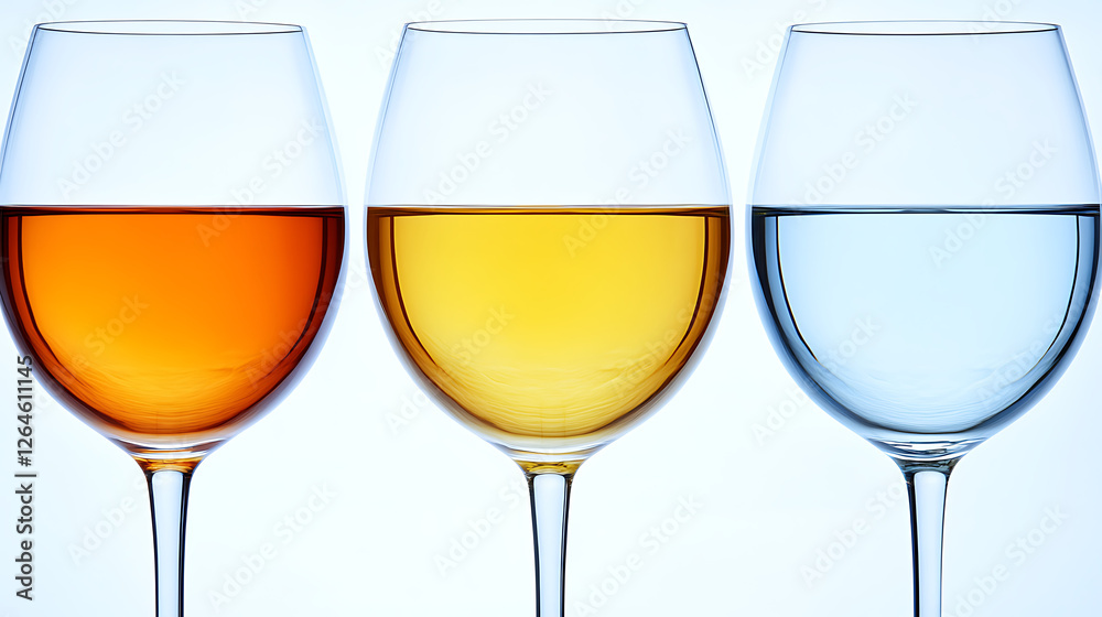 Three Varied Wineglasses Displaying Liquid of Different Colors on a Clean Background Three Varied Wineglasses Displaying Liquid of Different Colors on a Clean Background