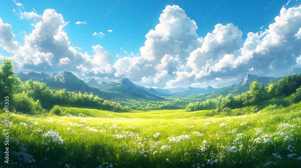 Fototapeta premium Serene mountain meadow landscape with vibrant wildflowers and fluffy clouds