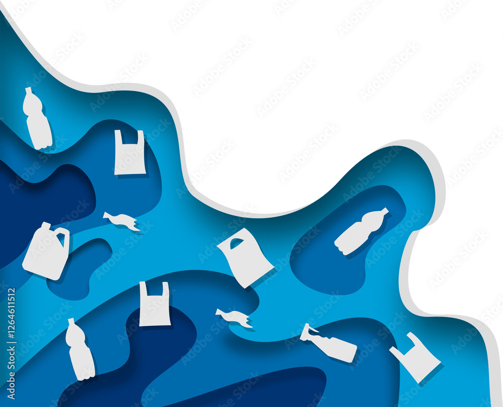 Paper cut wave ocean pollution concept Paper cut wave ocean pollution concept