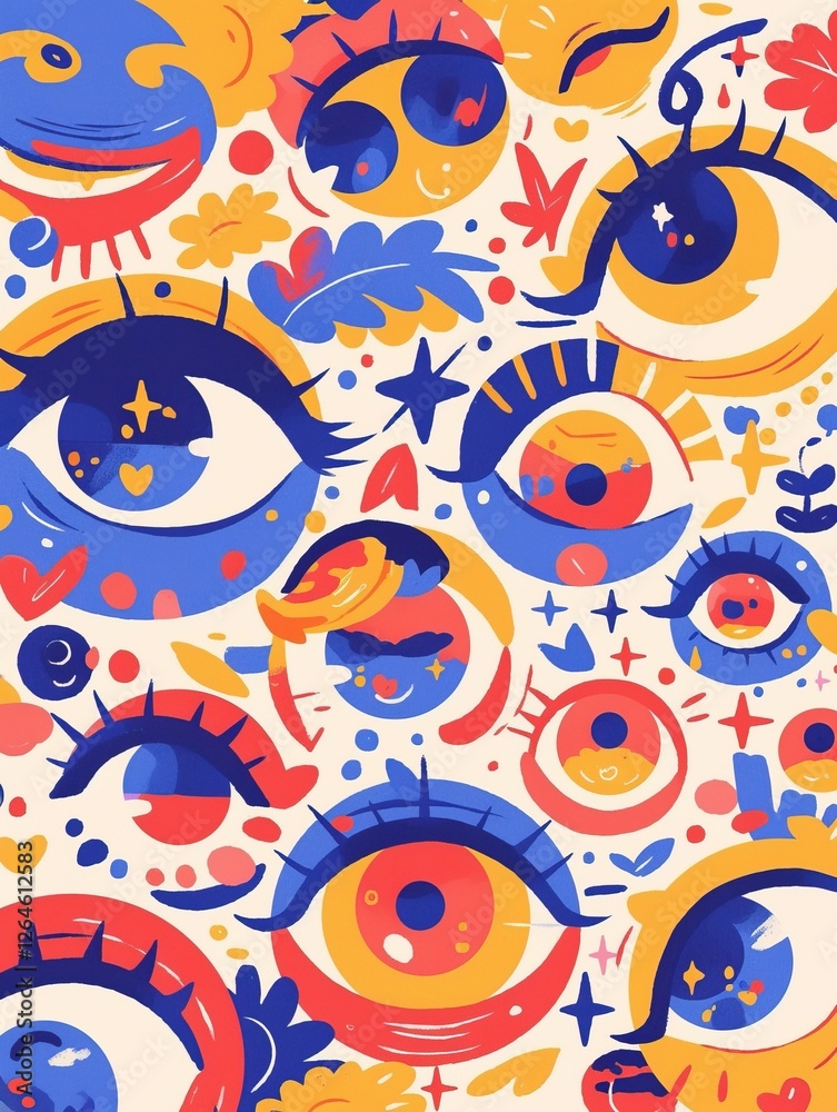 Fototapeta premium Stylized eyes pattern on flat surface, various shapes with dots, use as background