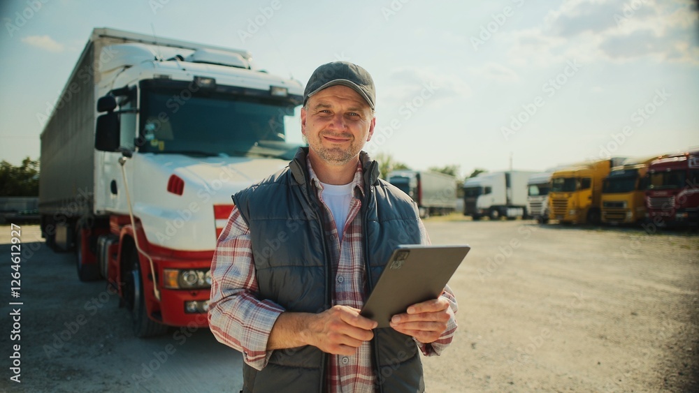 custom made wallpaper toronto digitalHandsome Caucasian trucker standing in front of long truck. Using tablet device while chatting with customer. Looking at camera and smiling with joy. Wearing baseball cap and warm vest.