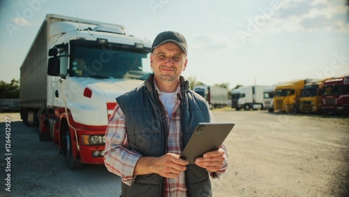 Handsome Caucasian trucker standing in front of long truck. Using tablet device while chatting with customer. Looking at camera and smiling with joy. Wearing baseball cap and warm vest.