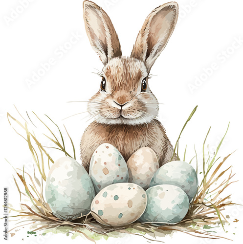 Watercolor Easter Bunny With Easter Eggs Vector Illustration Design Art.