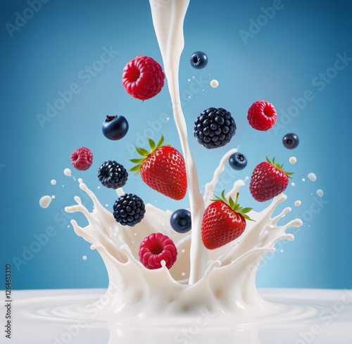 Fruits falling into milk splashing over blue gradient background