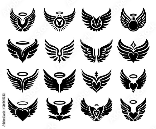 16 wing icons or logos in silhouette style on a white background