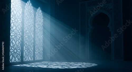 Light Streaming Through Ornate Window Into Blue Room with Archway