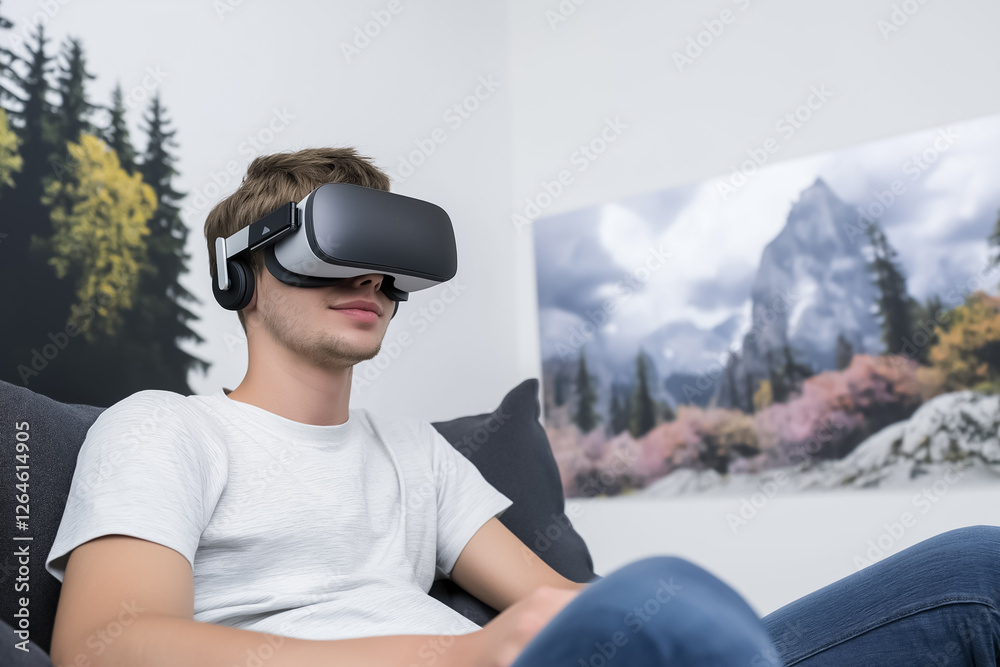 A person wearing VR glasses, seated and appearing relaxed while exploring a virtual landscape A person wearing VR glasses, seated and appearing relaxed while exploring a virtual landscape