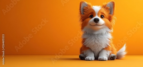 Adorable 3D Rendered Corgi Puppy Sitting on Orange Background