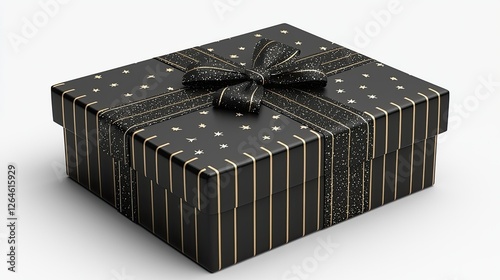 Elegant black gift box adorned with gold stripes and stars, perfect for celebrations and occasions