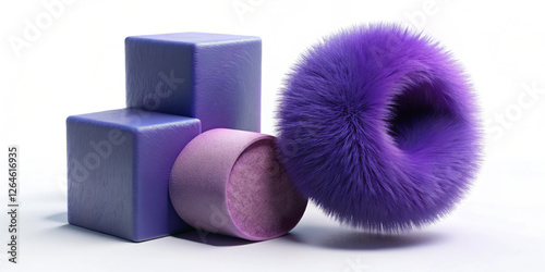 3d illustration abstract geometric fur fluffy shape render icon set. Furry ball, cylinder, ring, cube block with hair texture. Isolated purple fuzzy objects, soft children toys for education games. 