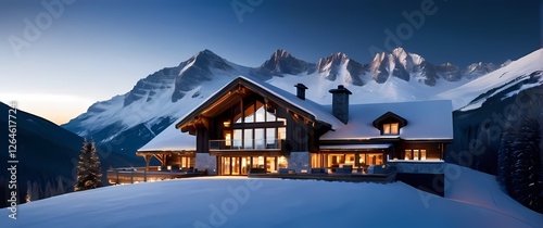 A stunning panoramic view of an alpine landscape covered in snow with a luxurious ski lodge in the foreground inviting adventure and elegance photo