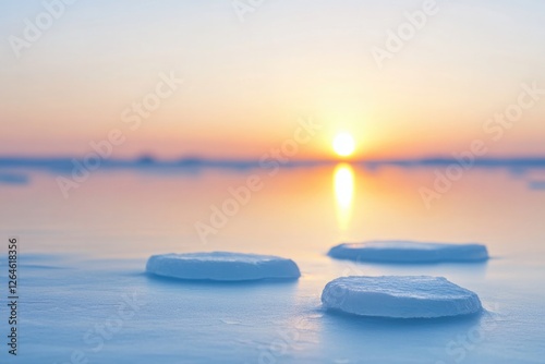 Gentle sunrise casts warm hues over tranquil icy surface, creati photo