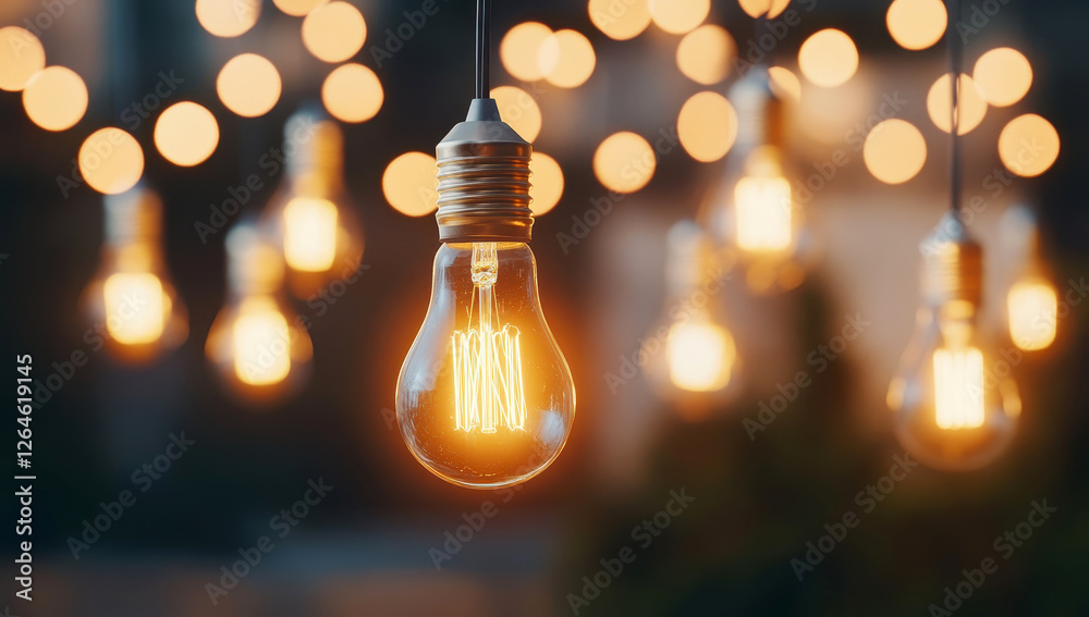 Closeup of illuminated hanging light bulbs creating a warm glow ambiance