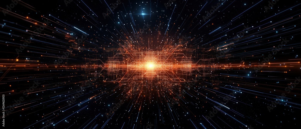 Fototapeta premium Abstract Cosmic Space with Orange and Blue Glowing Particles