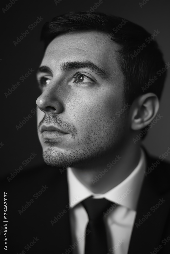 Fototapeta premium French man's black and white focused portrait with intense gaze and suit