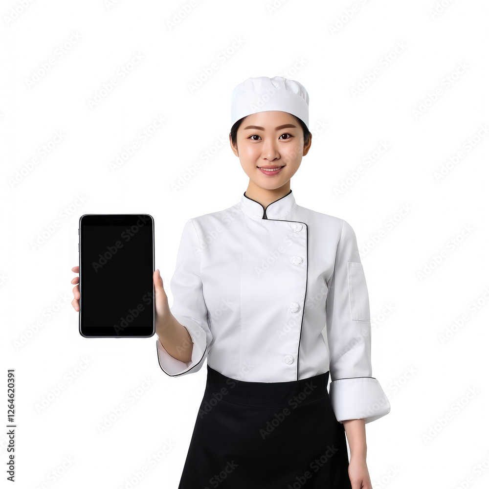 Young female chef showing smartphone screen on white background Young female chef showing smartphone screen on white background