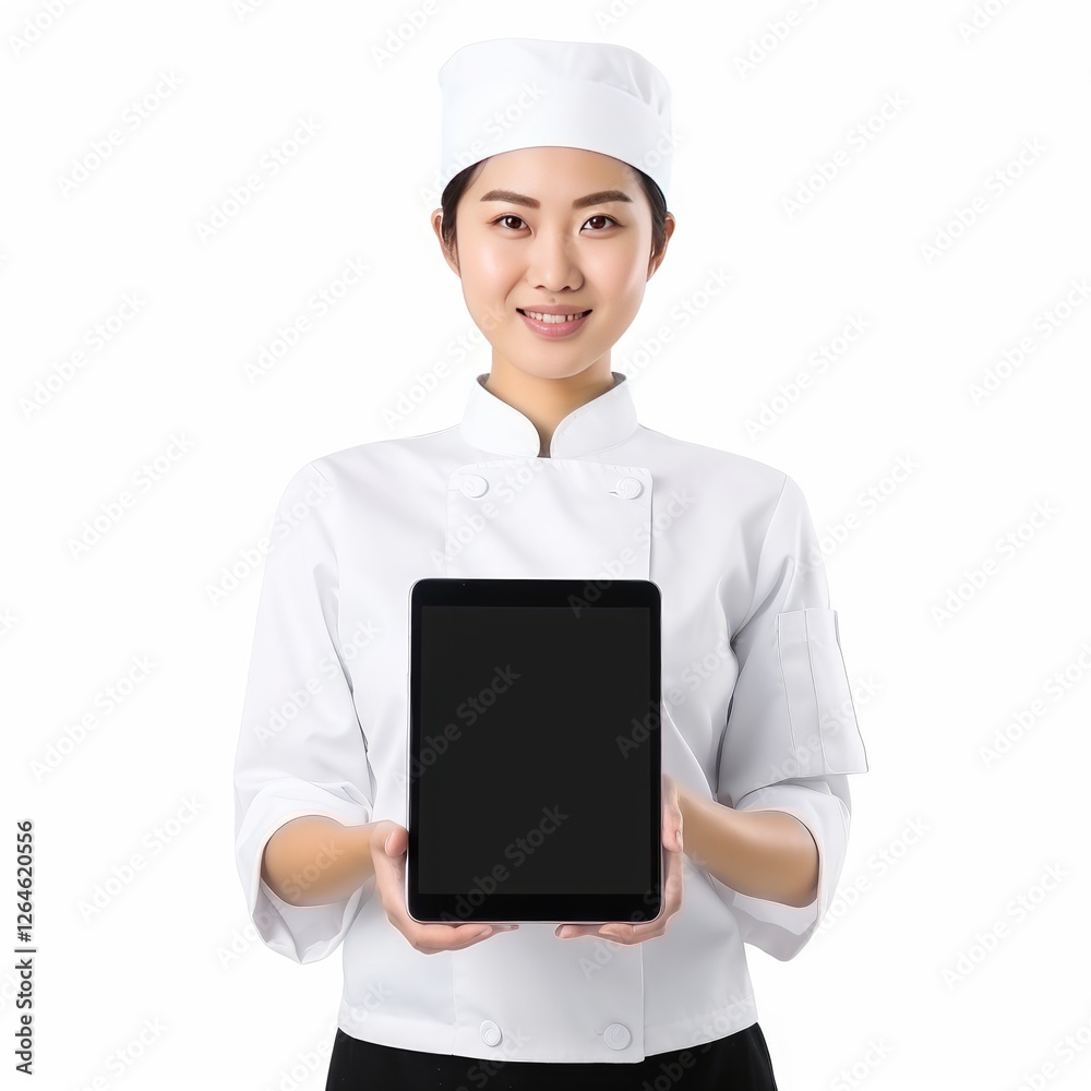 Young female chef showing smartphone screen on white background Young female chef showing smartphone screen on white background