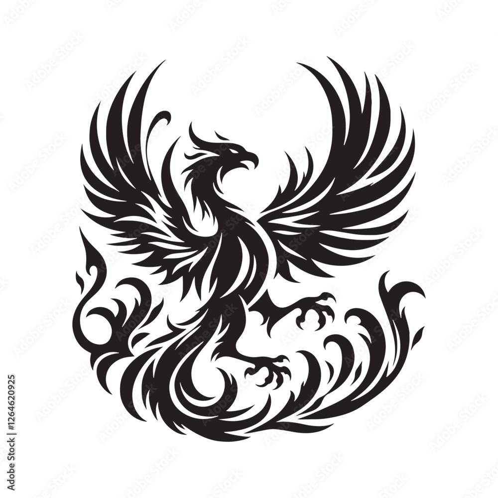 Obraz premium Stunning Phoenix silhouette rising from the ashes in grand rebirth - Phoenix illustration - Phoenix vector - mythical creature silhouette 