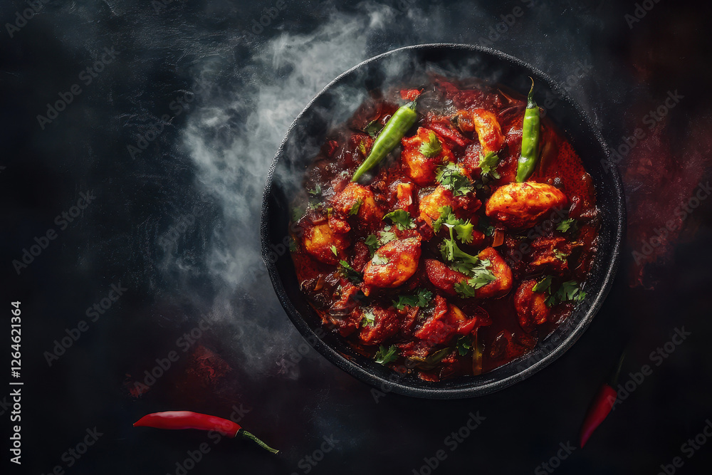 Spicy vindaloo curry with chilies and coriander in dark moody lighting Spicy vindaloo curry with chilies and coriander in dark moody lighting