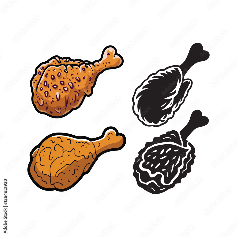 Naklejka premium fried chicken wings set illustration and silhouette vector