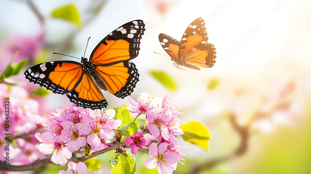 Fototapeta premium Two Butterflies Dancing Around Pink Blossoms in a Sunlight Filled Spring Garden Scene