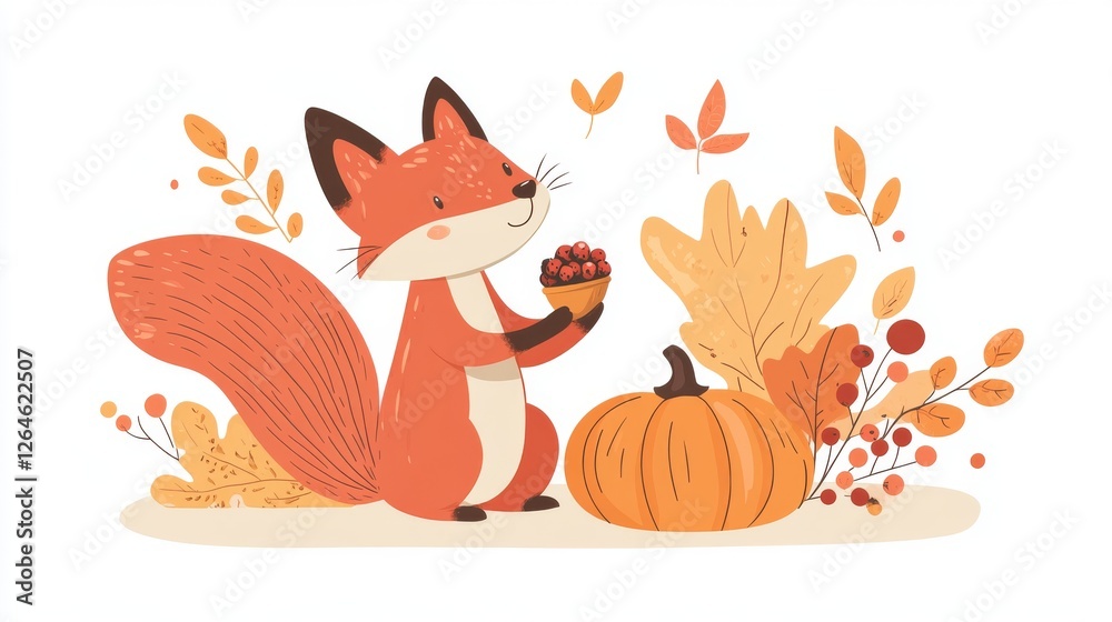 Fototapeta premium 14.A charming flat vector set featuring a fox, a squirrel holding an acorn, vibrant maple leaves, berry twigs, and a plump pumpkin, all in warm autumn tones against a white background.