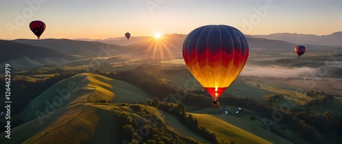 Colorful hot air balloons floating above a lush valley during sunrise creating a breathtaking scene of adventure and freedom