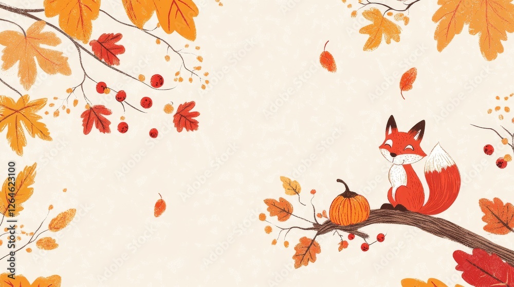 Fototapeta premium 15.A cohesive autumn illustration collection including a playful fox, a squirrel perched on a branch, bright orange pumpkins, detailed red and yellow maple leaves, and clusters of berries in a