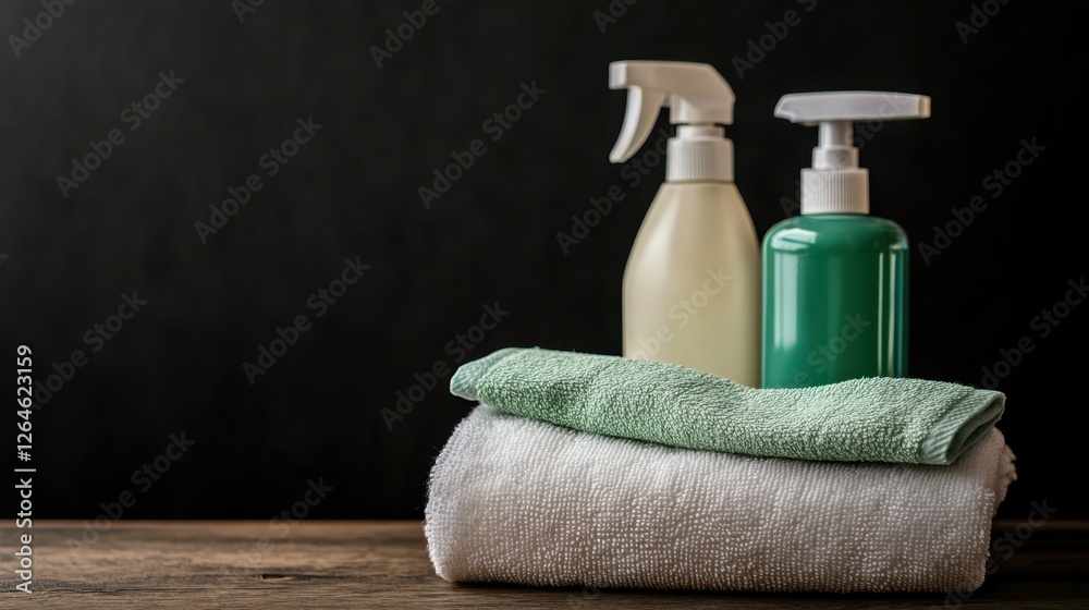 A cleaning cloth folded beside a set of eco-friendly cleaning products. A cleaning cloth folded beside a set of eco-friendly cleaning products.
