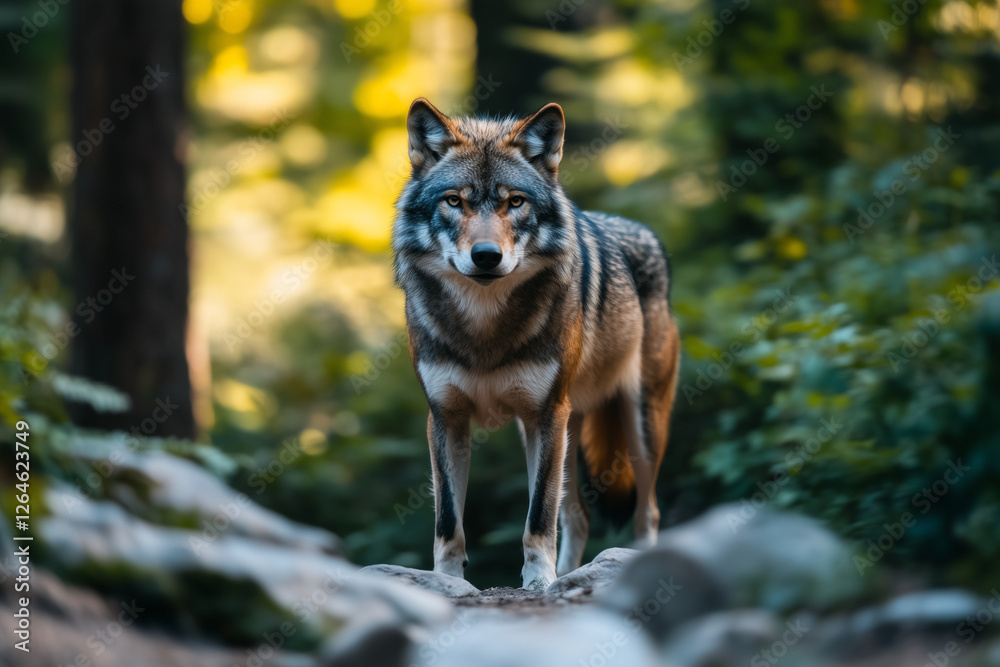 Selective focus wolf in forest with elegant posture, Close up shot wolf in the jungle.