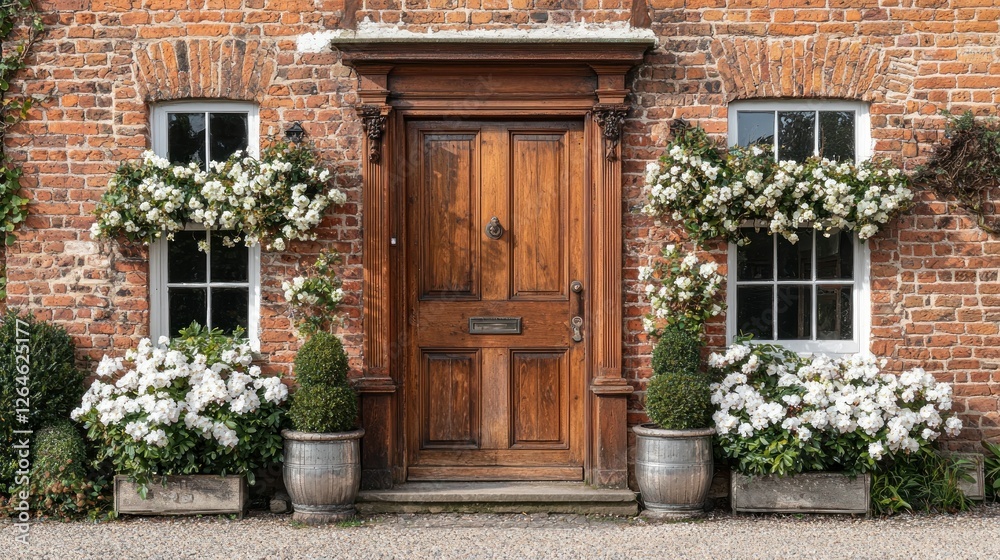 Charming Country House Entrance with Wooden Door and White Flowers Charming Country House Entrance with Wooden Door and White Flowers