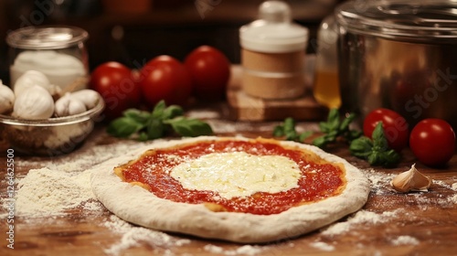 Fresh ingredients lay artfully on a wooden countertop, where a Margherita pizza is being crafted. Rich tomato sauce and mozzarella cheese prelude deliciousness in a cozy kitchen setting