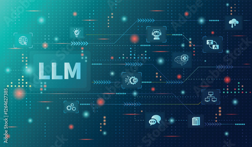 The concept of LLM, AI Large Language Model with icons concept. AI deep learning to use for work support. language model general purpose language generation capability. Vector illustrator template.