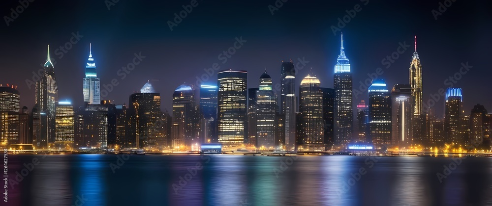 Naklejka premium Vibrant city skyline illuminated at night with bright lights reflecting off the water inviting the thrill of nightlife adventures